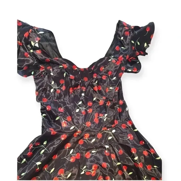 Cherry print retro satin style dress Size M - Image 3