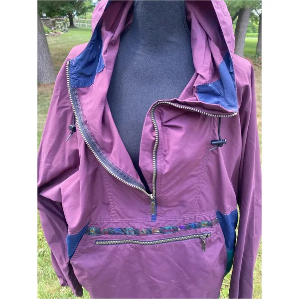 L.L. Bean Plum Hooded Utility Anorak with Navy Trim Vintage Unisex Windbreaker - Image 4