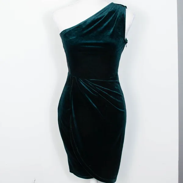 Lulus All The Luxe One Shoulder Green Velvet Lace Mini‎ Tulip Dress Womens XS - Image 3
