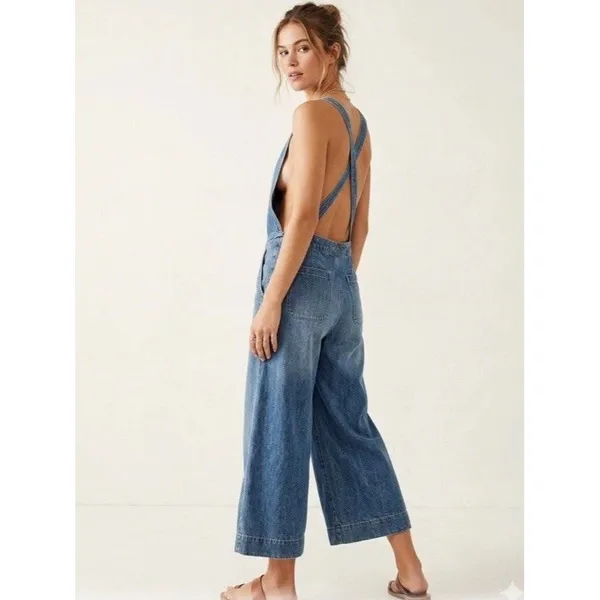 Free People We The Free Rambler Denim Wide Leg Overalls Jumpsuit Size 4W - Image 2