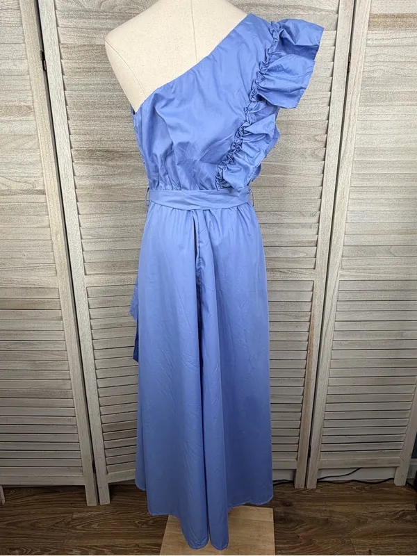 ZESICA One Shoulder Sleeveless Ruffle Maxi Dress Dusty Blue-Large - Image 3