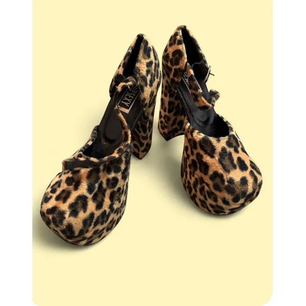 Too Sexy Leopard Print Faux Fur Platform Block Heels Ankle Strap Pumps 7.5 - Image 2