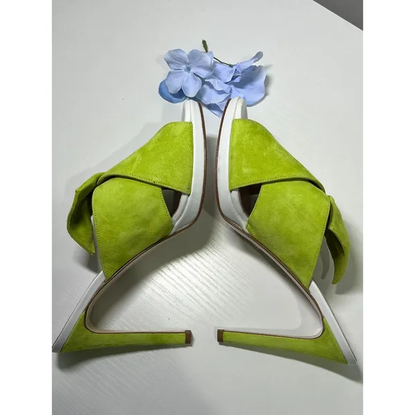 Tara Grinna Lime Green Suede Bow Mule Heels Handmade‎ in Italy Size 38 - Image 7