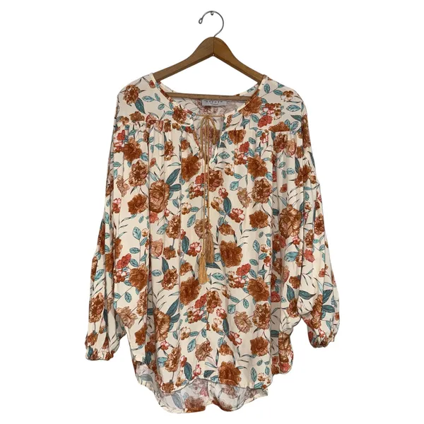 Hayden Los Angeles Floral Tassel Peasant‎ Blouse Rust Teal Boho Oversized Large - Image 2