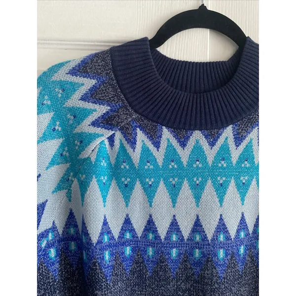 D&Co Signature Fair Isle Pullover Sweater Womens Size M Blue Metallic Cotton - Image 2