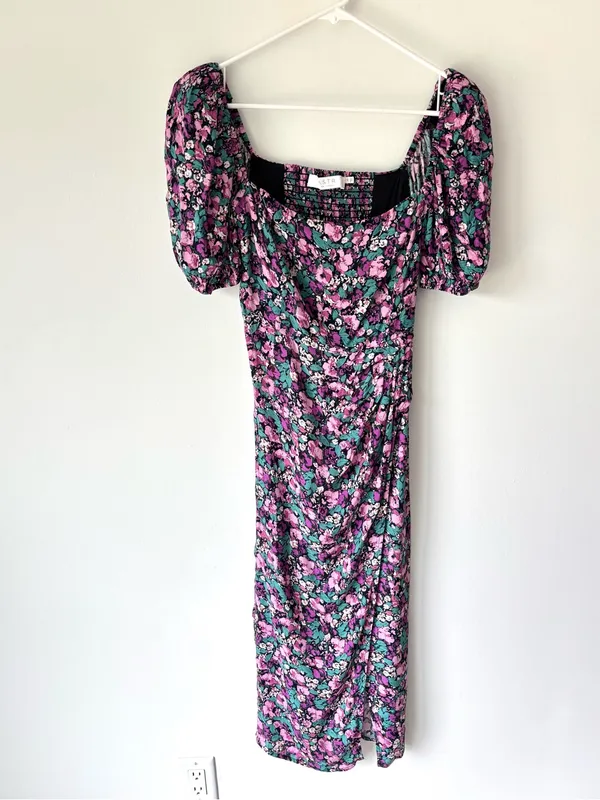 ASTR the Label Teal Purple Floral Puff Sleeve Midi Dress Ruched Slit Prairie - Image 3