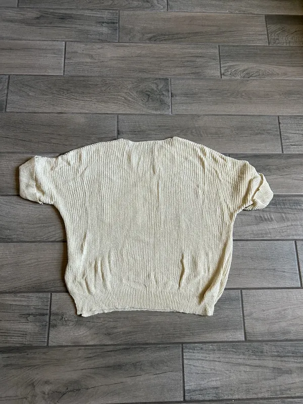 Relaxed Cream Short-Sleeve Knit Sweater with Chest Pocket - Image 5