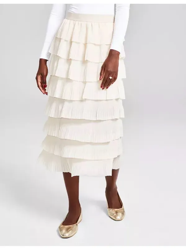 Women’s Cream Layered Pleated Midi Skirt - Image 3