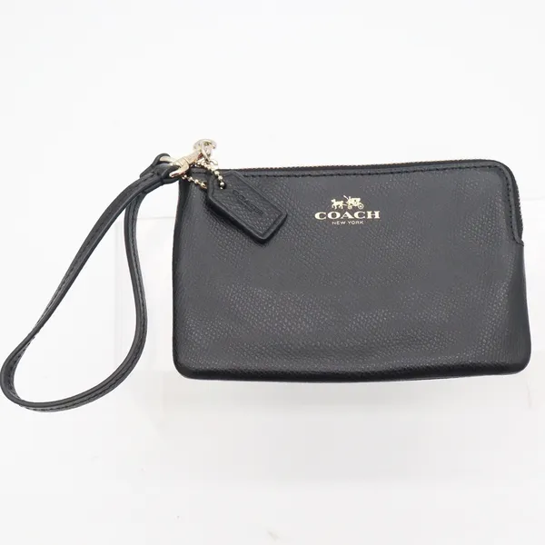 Coach Corner Zip Wristlet Black Crossgrain Leather Gold Logo - Image 2