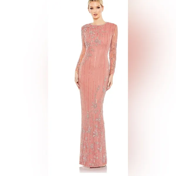 New Mac Duggal Pink Embellished High Neck Illusion Long Sleeve Gown - Size 14 - Image 12