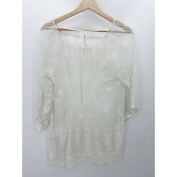 Bikini‎ Lab Women White Sheer Lace Embroidered Tie Back Swim Cover-Up Large - Image 2