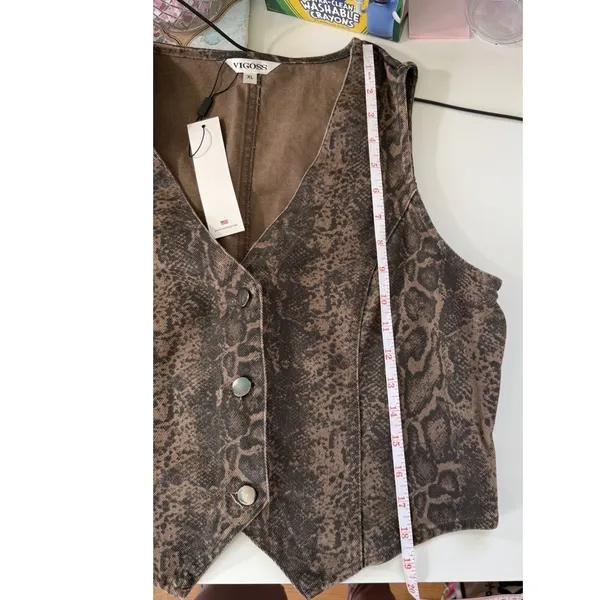Vigoss Brown Snakeskin Denim Vest Button Front‎ Western Animal Print Womens XL - Image 7
