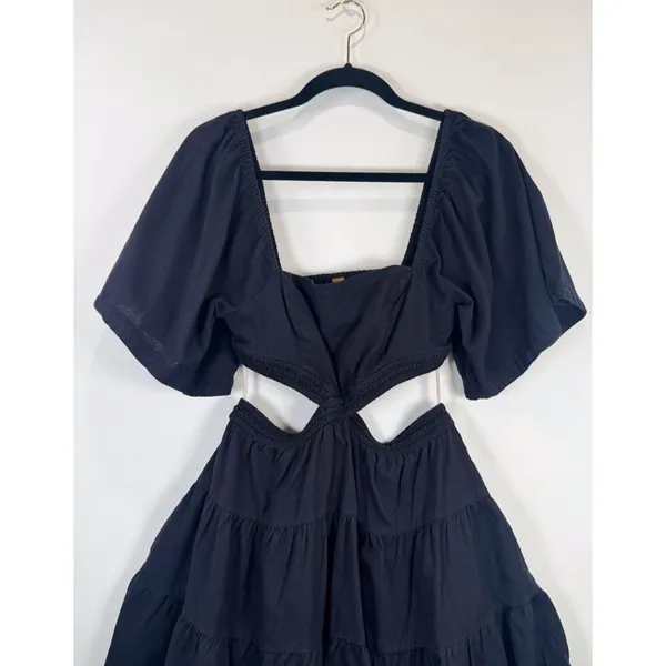Free People Mini Dress Black Cross Of Sunlight Cutout Waist Smocked Tiered Small - Image 7