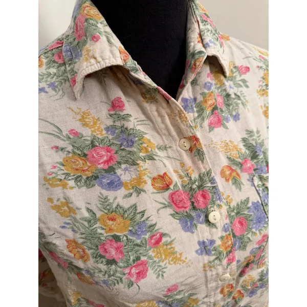 Vintage Rosettes Floral Linen Blend Top Cottage Button Up Short Sleeve Blouse - Image 3