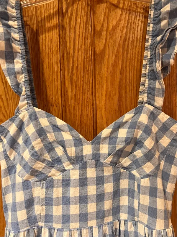 English Factory Sweetheart Neck Ruffle Gingham Midi Dress Blue White Size Medium - Image 6