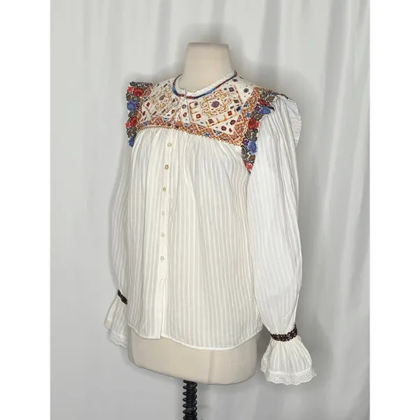 ANTIK BATIK Bernadette Embroidered Cotton Blouse White Boho Bohemian Small 38 - Image 6