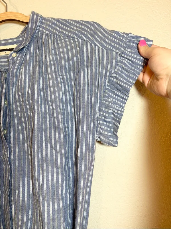 Anthropologie Isabella Sinclair Piper Blue White Stripe Ruffle Sleeve Dress Sz M - Image 8
