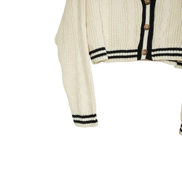 BDG Schoolgirl Ivory Black Varsity Stripe Cropped Cable Knit Cardigan Size Large - Image 3