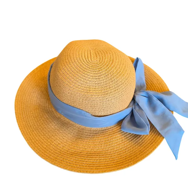 Haute Hippie Tan Straw Sun Hat‎ Blue Chiffon Ribbon Bow UPF 50 Wide Brim - Image 3