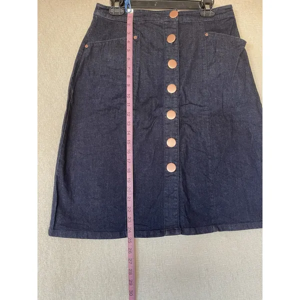 ModCloth Denim Skirt Large High Waisted Button Jean Retro 70s Dark Wash Preppy - Image 13