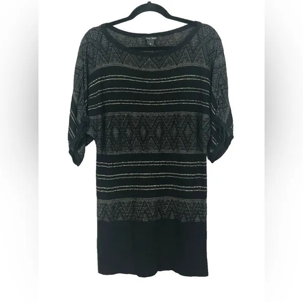 White House | Black Market Black Silver Shimmer Dolman Sweater Mini Dress Tunic XL - Image 4