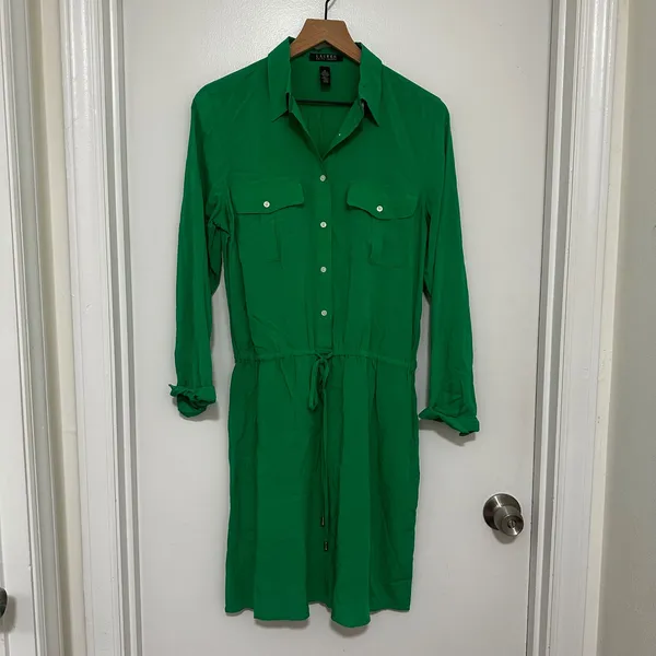 Lauren Ralph Lauren | Green Viscose Long Sleeve Button Front Shirt Dress, 8 - Image 2