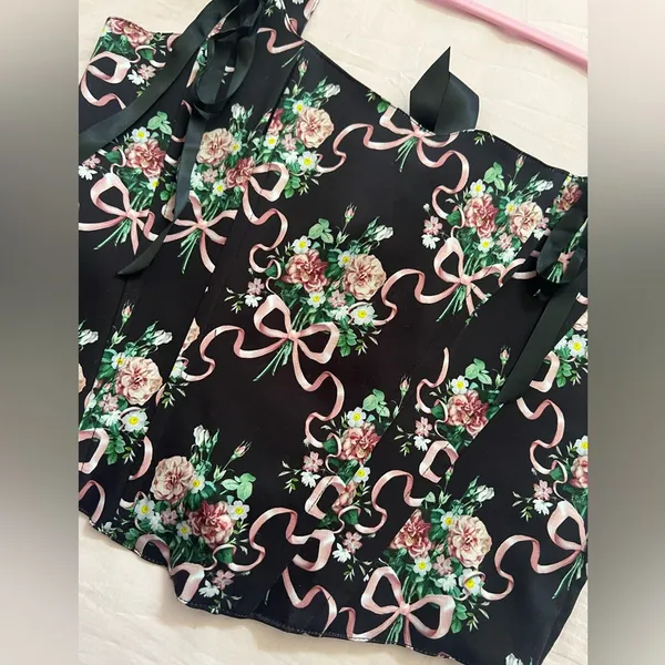 Dolls Kill Widow Floral Black and Pink Bow Corset Top - Image 2