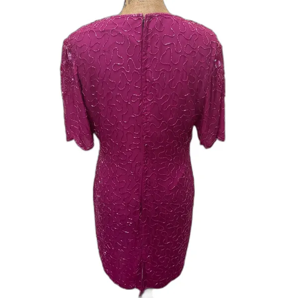 Vintage 80s Scala Beaded Sequin Cocktail Party Dress Fuschia Pink Size‎ PXL - Image 4
