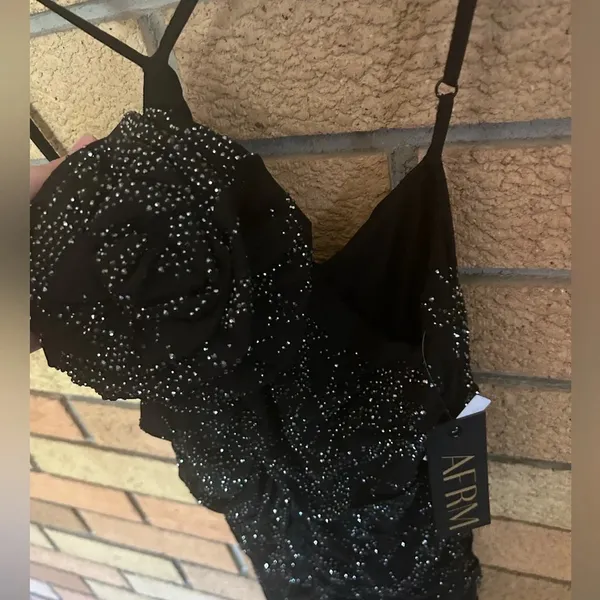 NWT AFRM Black Rhinestone Mini Rouched Cocktail Dress w/ Flower Size Small HOCO - Image 2