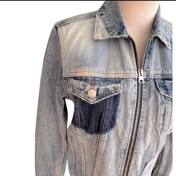 Lucky Brand Patchwork Tommy Trucker Denim Jacket Jean Jacket Zip Front Blue S - Image 6