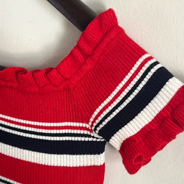 Almost Famous Y2K Striped Off the Shoulder Ribbed Knit Sweater Crop Top - Image 2