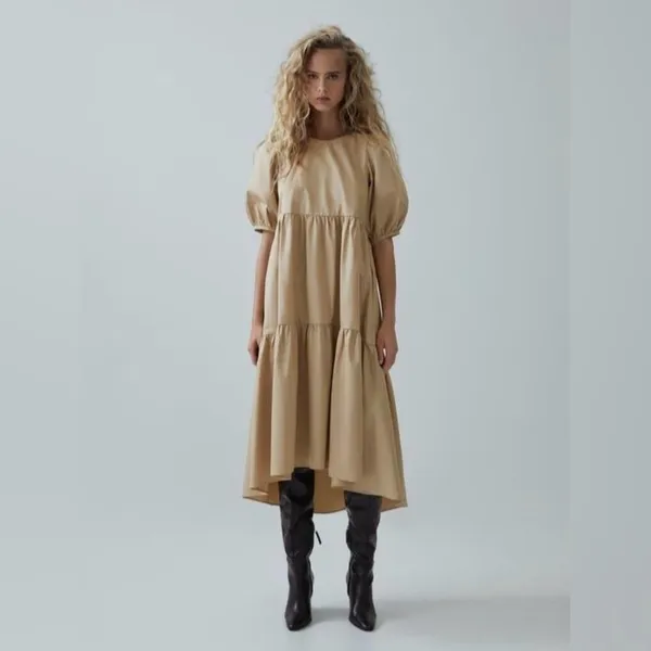 ZARA Asymmetric Puff Sleeve Tiered Cotton Poplin Midi Dress‎ in Camel Size XS - Image 2
