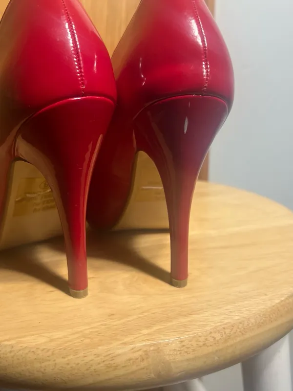 Classic Patent Peep-Toe High Heels in Red - Image 5