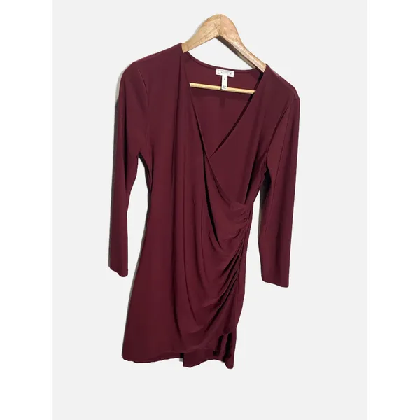 Leith Wrap Dress Womens Size M Burgundy Ruched Long Sleeve V-Neck Bodycon - Image 3