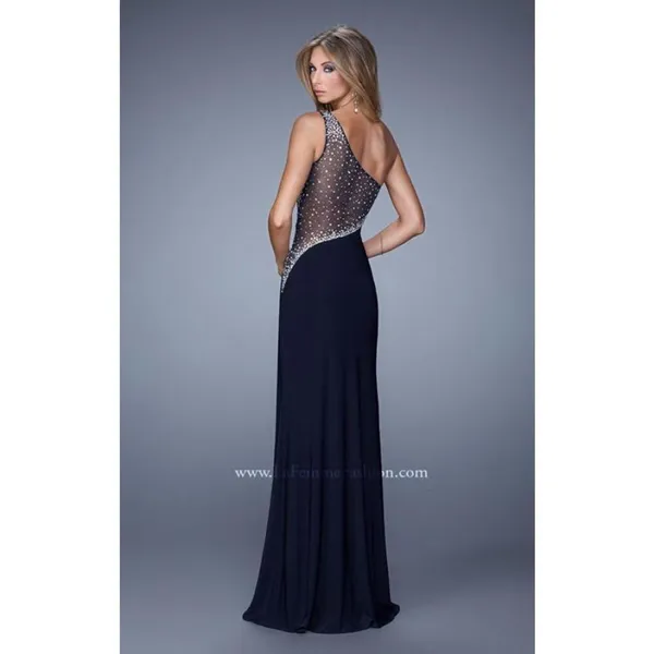 La Femme One Shoulder Sheer Rhinestone Formal Maxi Dress in Navy Blue Size 0 - Image 10