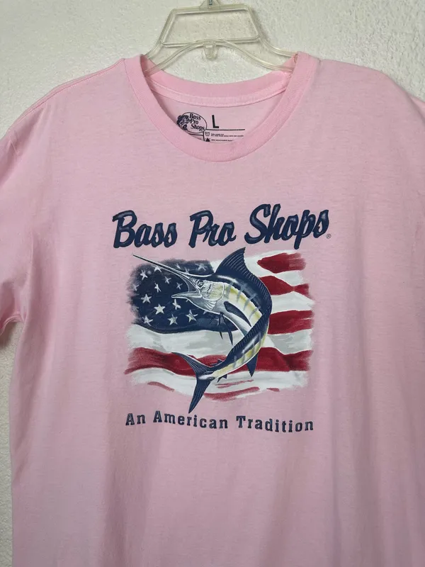 Bass Pro Shop Unisex Shirt Pink Sz L An American Tradition Cotton Flag. - Image 4