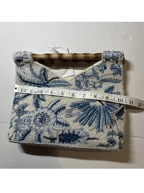Beaded Floral Pink & White Handbag with Bamboo Handle India handmade NWT - Image 6