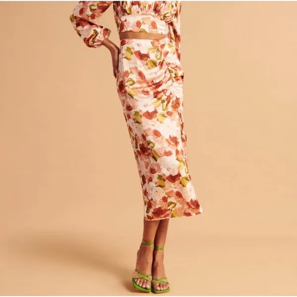 Abercrombie‎ & Fitch Womens Floral Ruched Satin Side Slit Midi Skirt Orange - Image 5