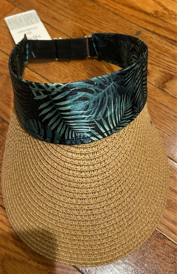 bon voyage STARBOARD NWT Wide Brim Straw Visor Hat with green leave Print Band - Image 5