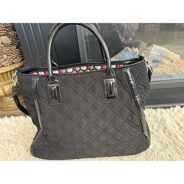 Vera‎ Bradley Trapeze Quilted Black Tote Bag Large Shoulder Bag Patent Trim - Image 3