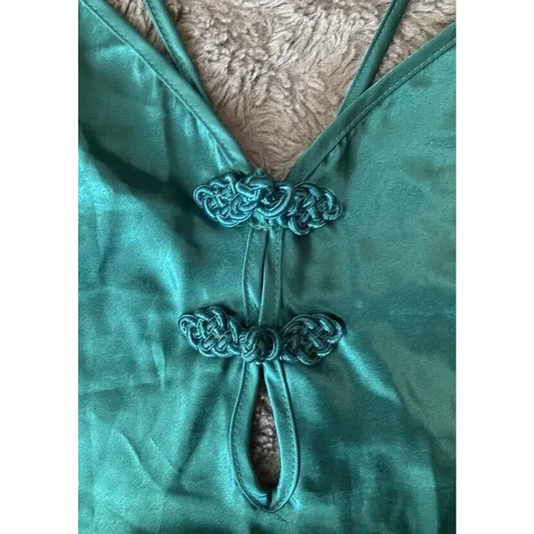 Vtg California Dynasty Emerald Green Satin Maxi Slip Dress Size S Chinese Knot - Image 11