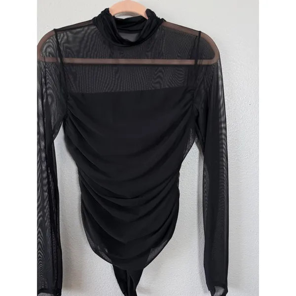 Avidlove Womens Black Mesh Ruched Long Sleeve Mock Neck Bodysuit Size Large - Image 5