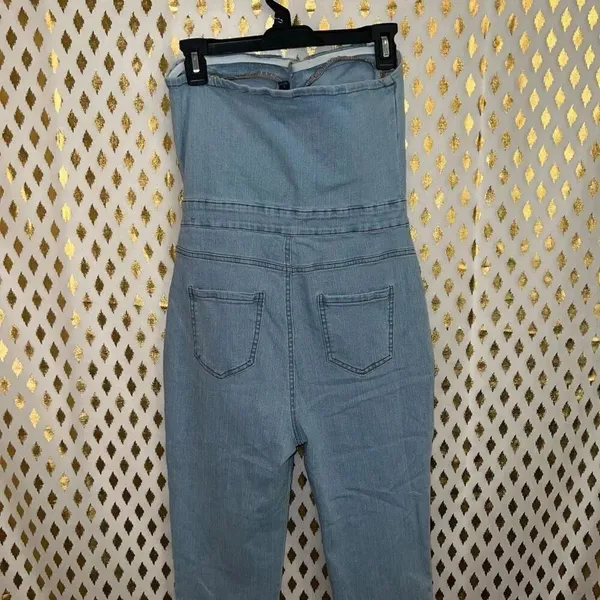 Blashe Denim jumpsuit romper broken zipper tube top skinny jeans size L - Image 6