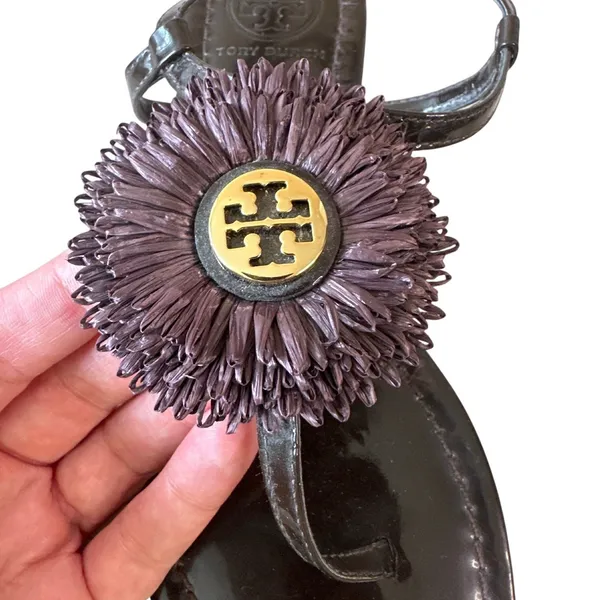 Tory Burch Raffia Flower T-Strap Sandals Espresso Gold Size 7‎ - Image 7