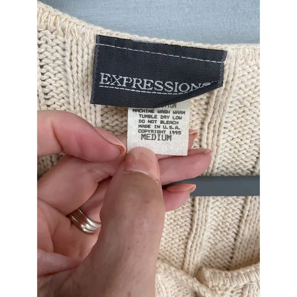 Expressions Womens Cardigan Vintage 90s Cable Knit Button Front Cream Medium - Image 5