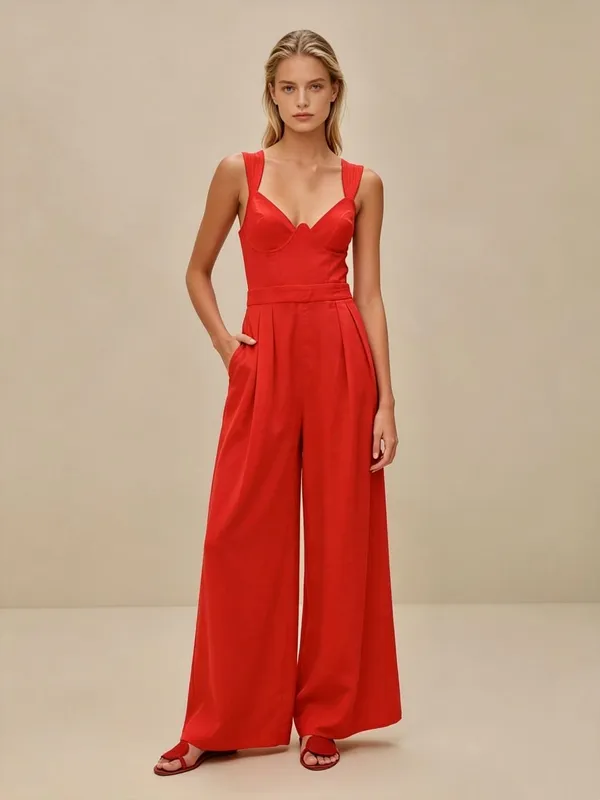 NWOT Farm Rio Red Linen Blend Wide-Leg Jumpsuit Size S - Image 2