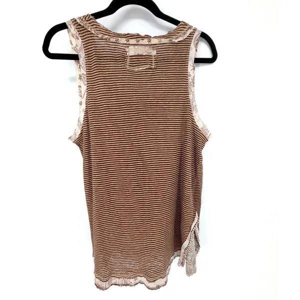 Free People Tank Top Striped Henley Medium Brown Linen Blend Boho Sleeveless - Image 8