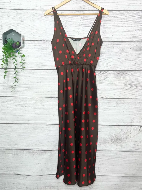 ZARA Brown & Red Polka Dot Sleeveless Midi Slinky Satin Slip Dress Size Small - Image 13