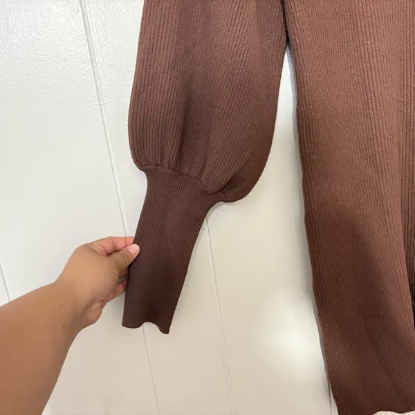 AVANTLOOK Bubble Sleeve Ribbed Sweater Mini Dress Brown NWT Size S - Image 9