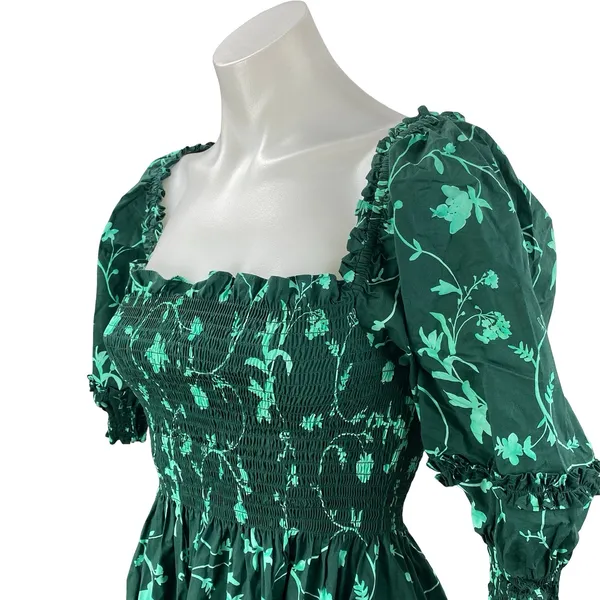 Hill House Nesli Green Botanical Smocked Tiered Midi Nap Flare A-Line Dress XXS - Image 3